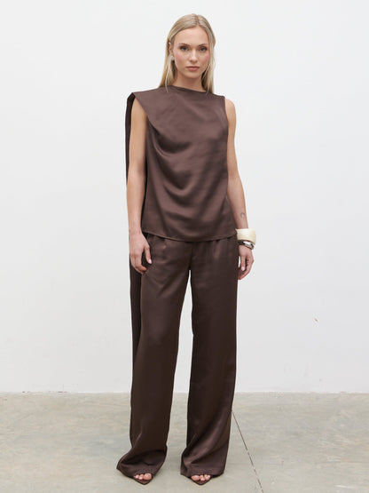 Breya Scarf Satin Top - Chocolate Brown