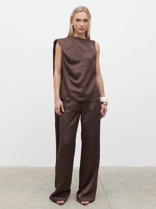 Breya Scarf Satin Top - Chocolate Brown