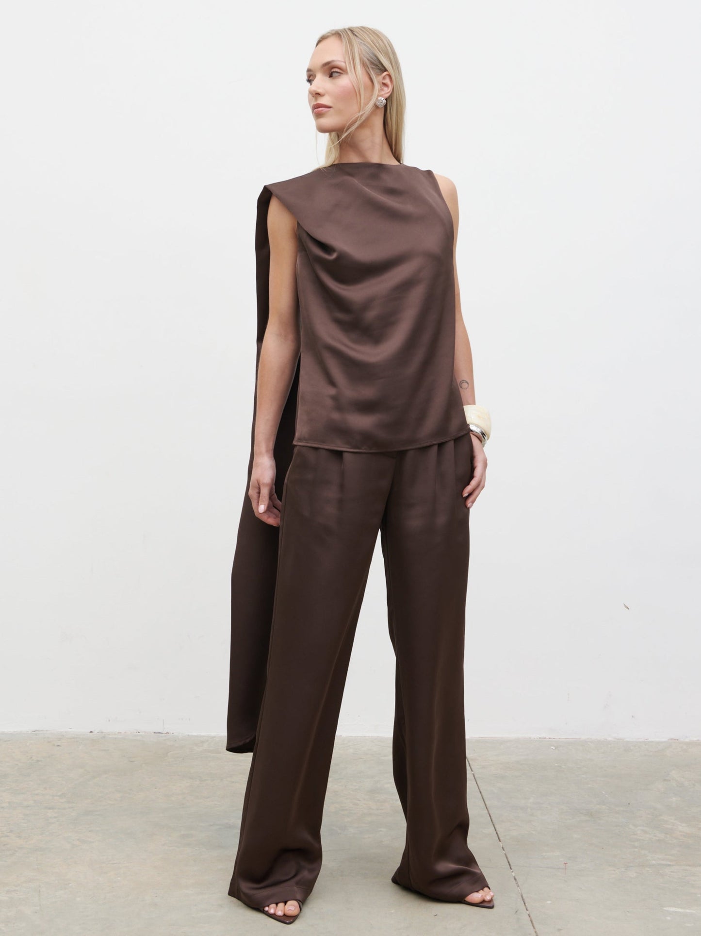 Breya Scarf Satin Top - Chocolate Brown