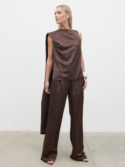 Breya Scarf Satin Top - Chocolate Brown