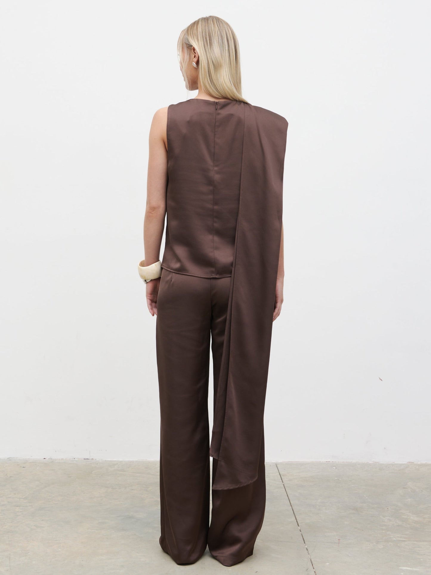 Breya Scarf Satin Top - Chocolate Brown