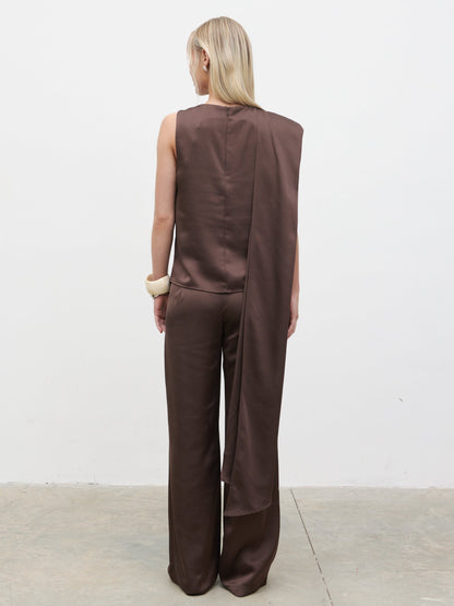 Breya Scarf Satin Top - Chocolate Brown