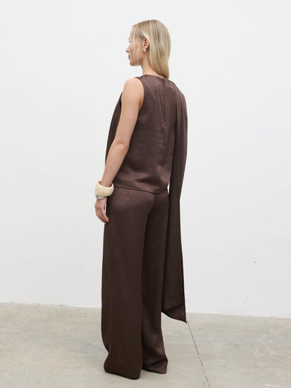 Breya Scarf Satin Top - Chocolate Brown