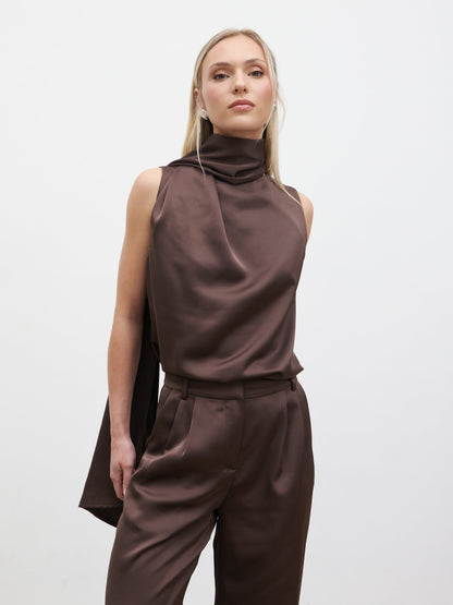 Breya Scarf Satin Top - Chocolate Brown