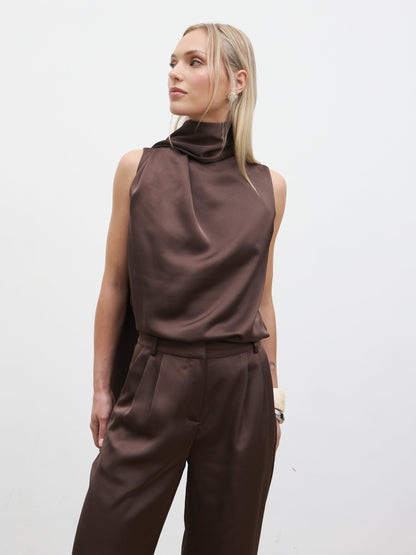 Breya Scarf Satin Top - Chocolate Brown