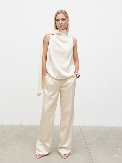 Breya Scarf Satin Top - Oyster
