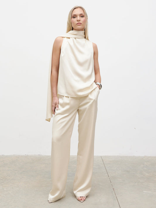 Breya Scarf Satin Top - Oyster