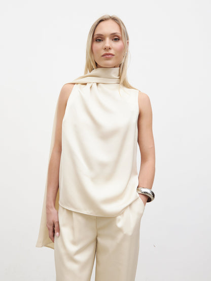 Breya Scarf Satin Top - Oyster