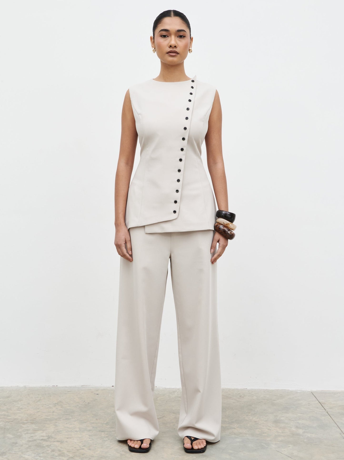 Brylee Asymmetric Button Waistcoat - Stone