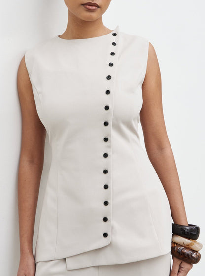 Brylee Asymmetric Button Waistcoat - Stone