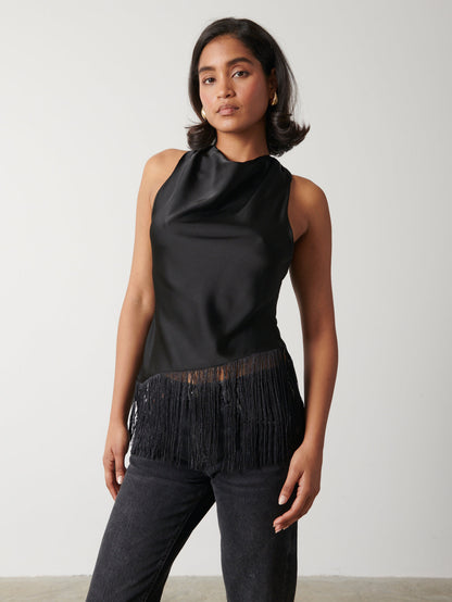 Callie Asymmetric Fringed Top - Black