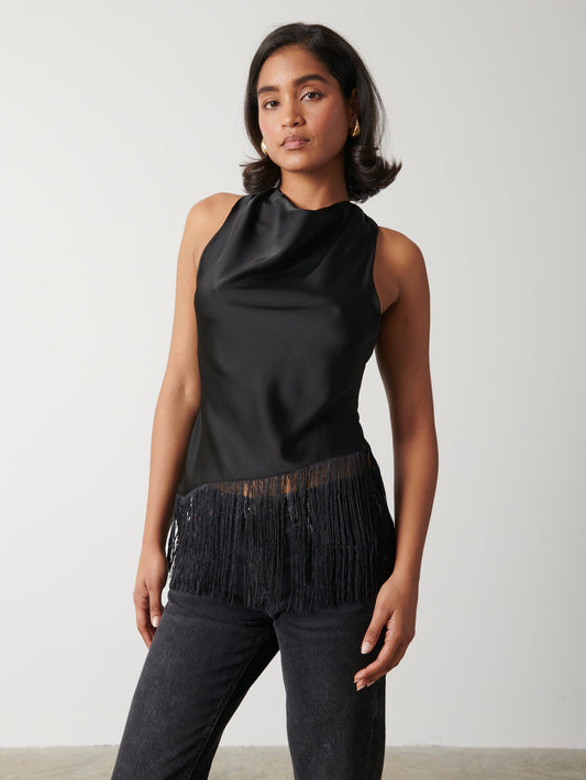 Callie Asymmetric Fringed Top - Black