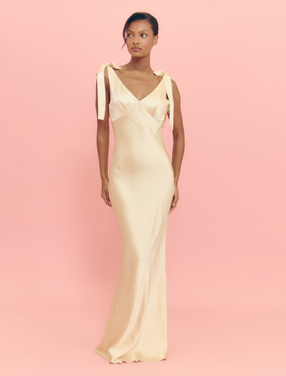 Piper Tie Satin Maxi Dress - Lemon