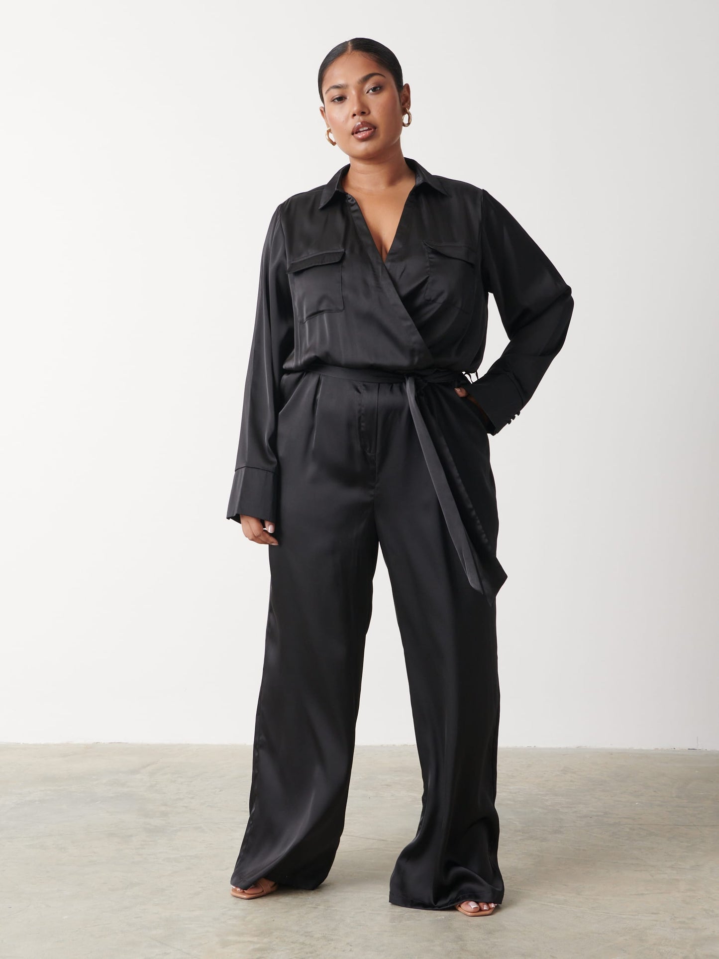 Carmen Satin Jumpsuit Curve - Black