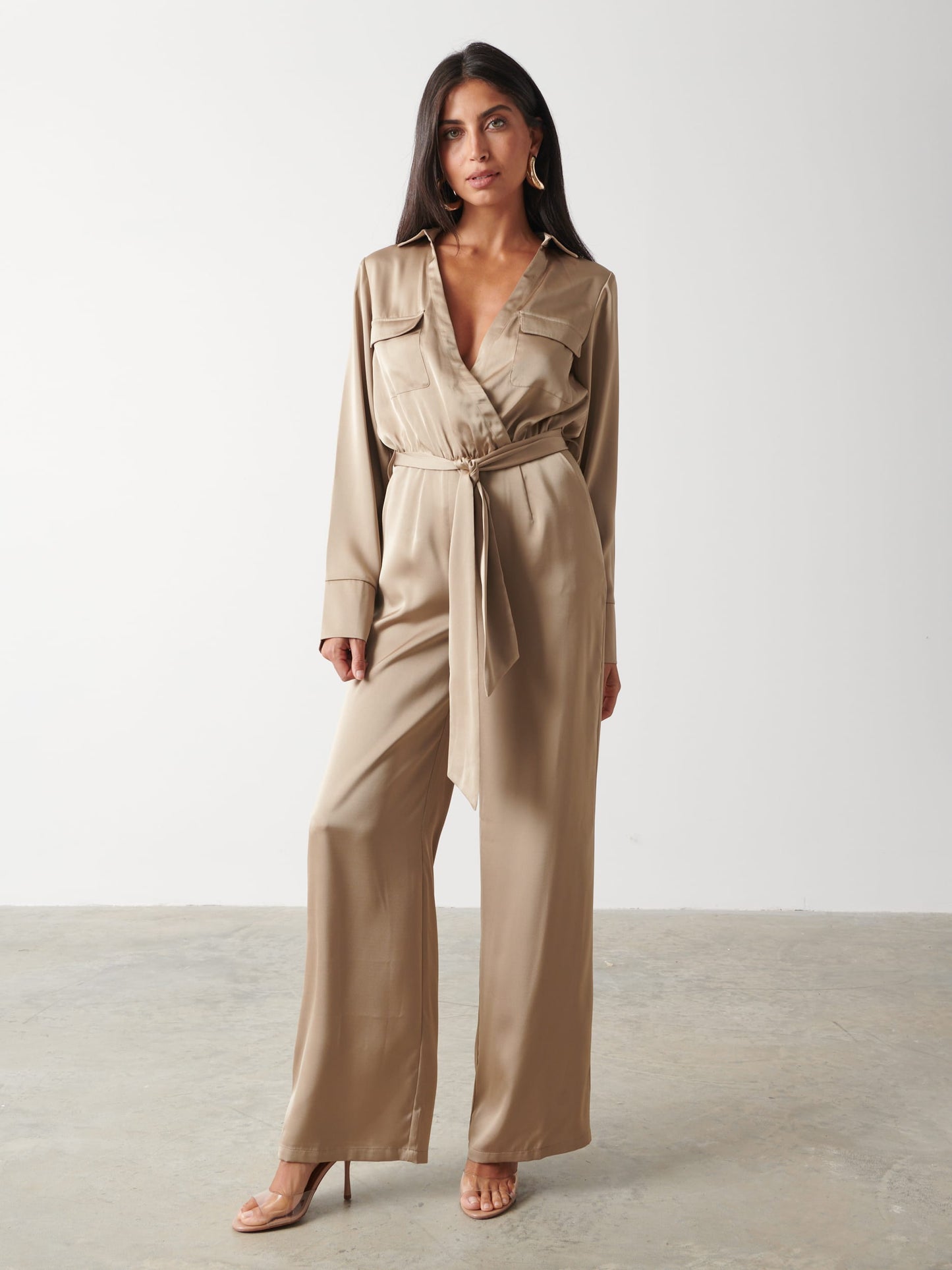 Carmen Satin Jumpsuit - Light Olive