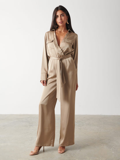 Carmen Satin Jumpsuit - Light Olive