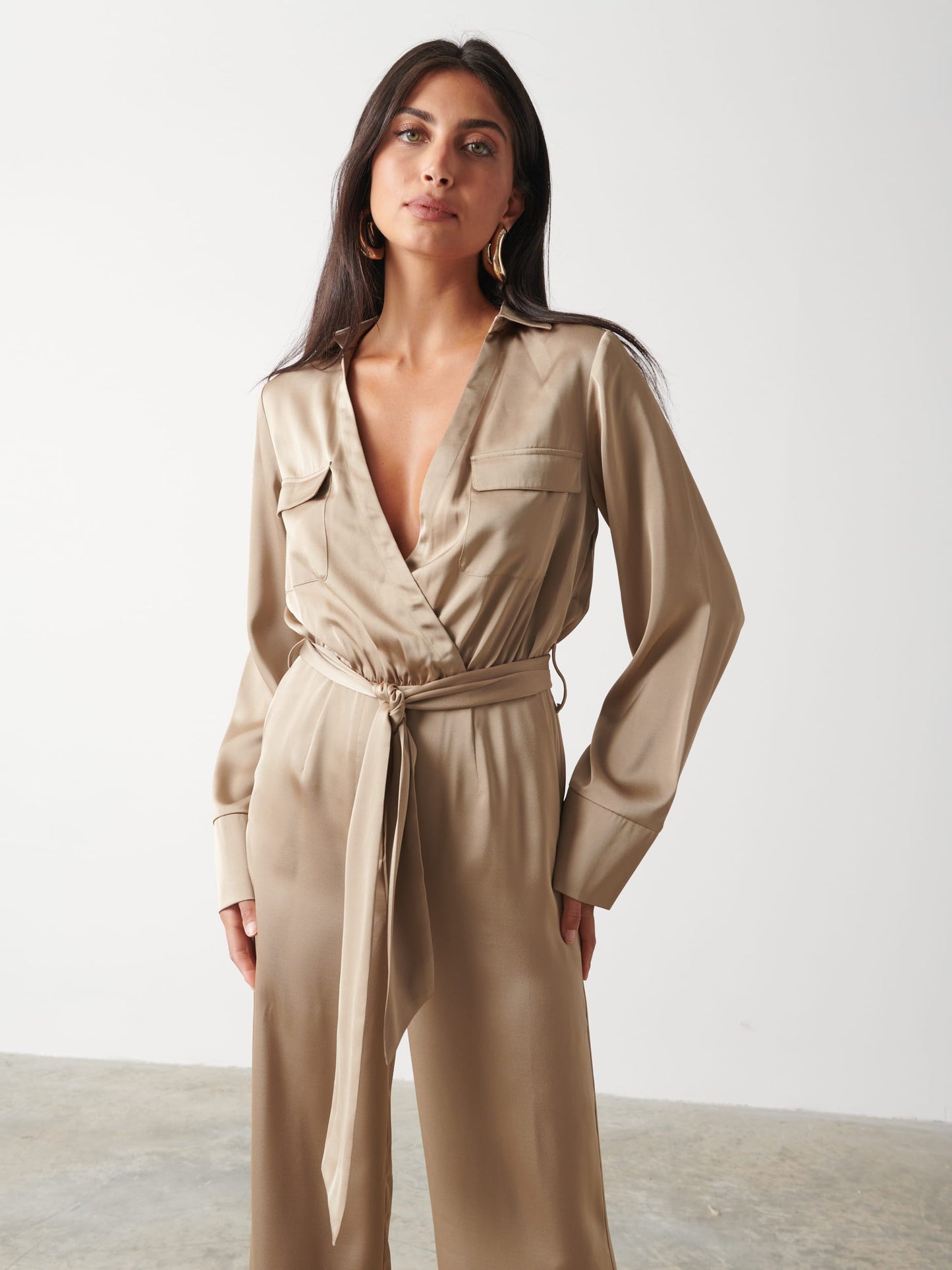 Carmen Satin Jumpsuit - Light Olive
