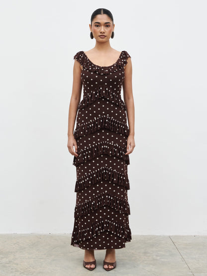 Cecile Ruffle Mesh Maxi Dress - Brown and Cream Polkadot