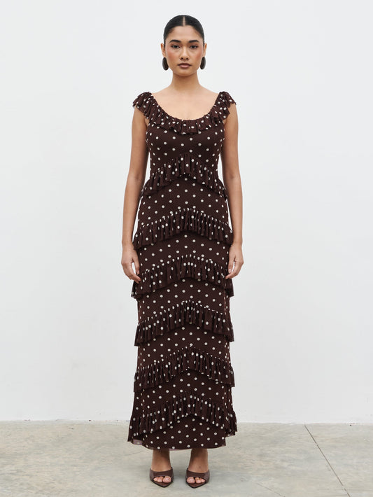 Cecile Ruffle Mesh Maxi Dress - Brown and Cream Polkadot