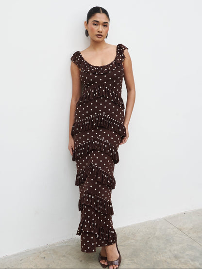 Cecile Ruffle Mesh Maxi Dress - Brown and Cream Polkadot