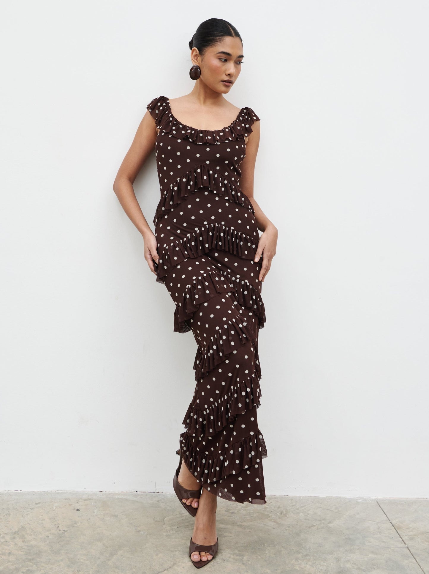 Cecile Ruffle Mesh Maxi Dress - Brown and Cream Polkadot