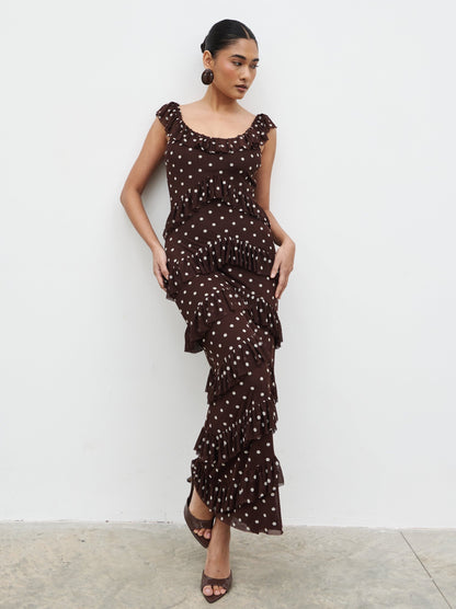Cecile Ruffle Mesh Maxi Dress - Brown and Cream Polkadot