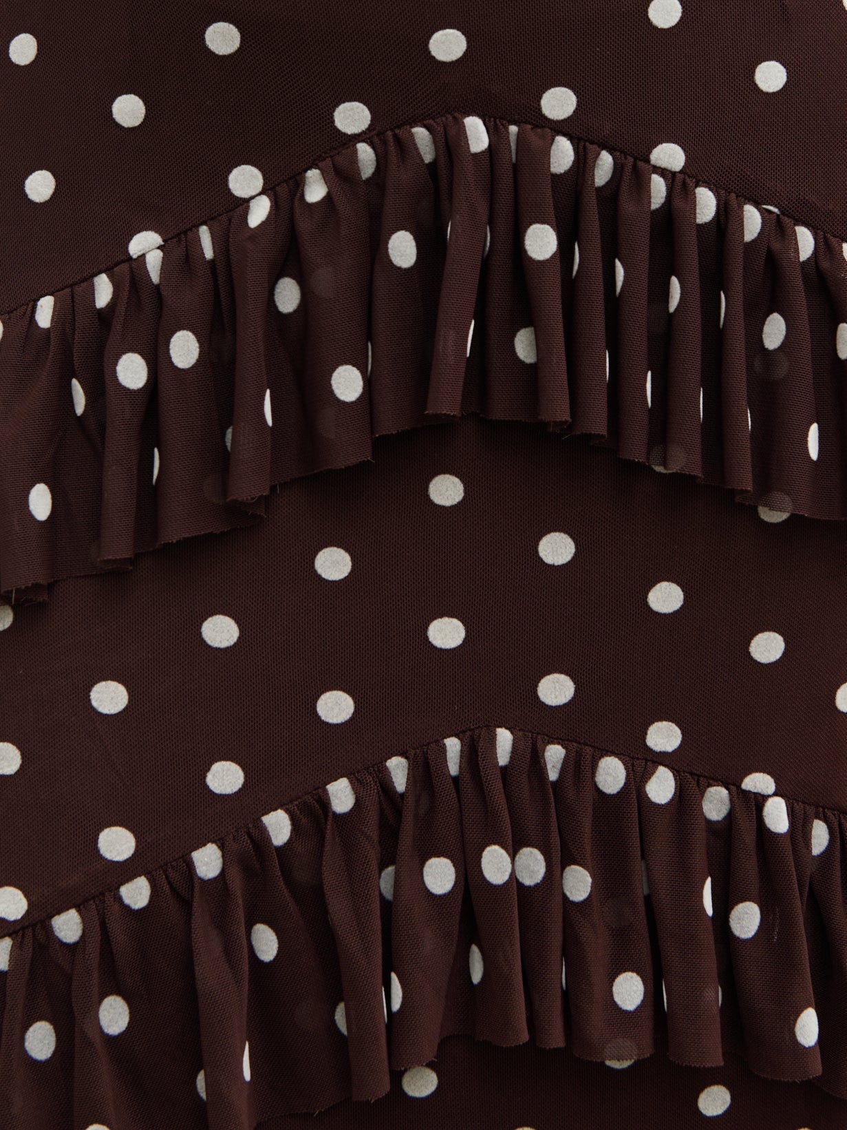 Cecile Ruffle Mesh Maxi Dress - Brown and Cream Polkadot