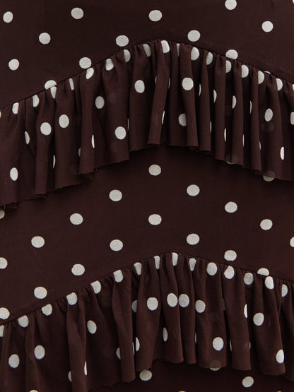 Cecile Ruffle Mesh Maxi Dress - Brown and Cream Polkadot
