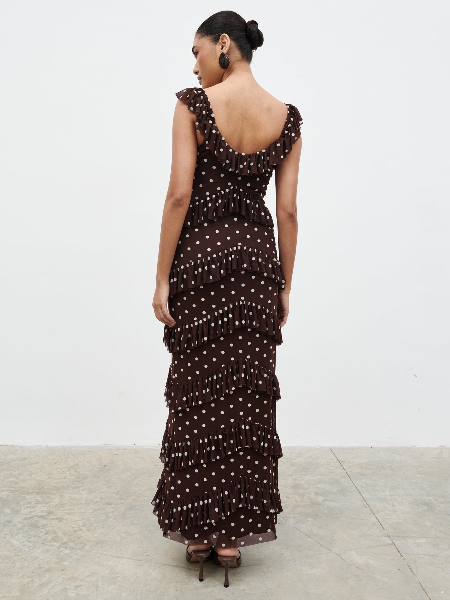 Cecile Ruffle Mesh Maxi Dress - Brown and Cream Polkadot