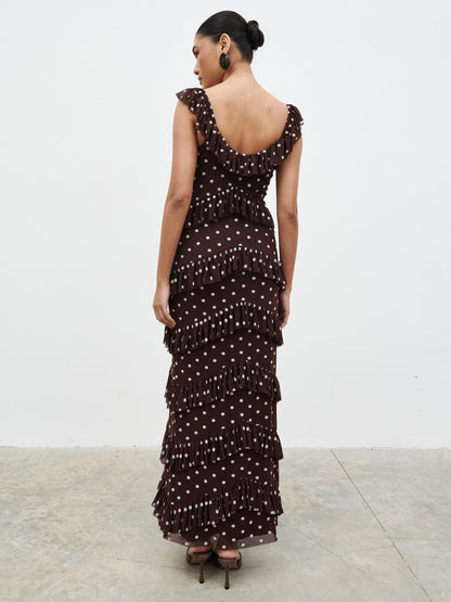 Cecile Ruffle Mesh Maxi Dress - Brown and Cream Polkadot