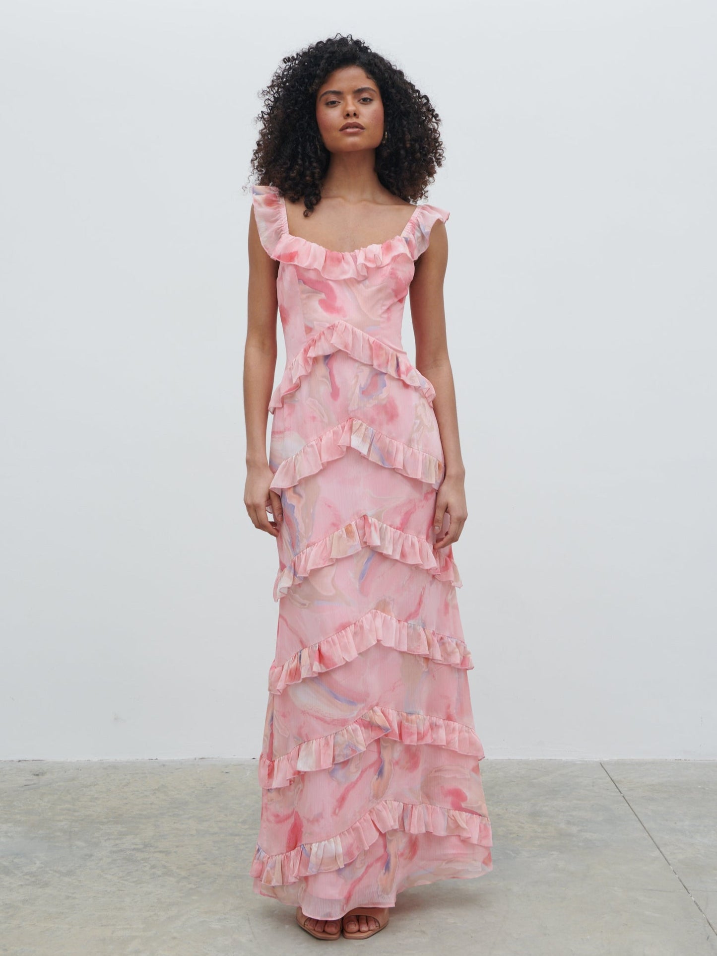Cecile Scoop Neck Ruffle Maxi Dress - Pink Marble Ombre