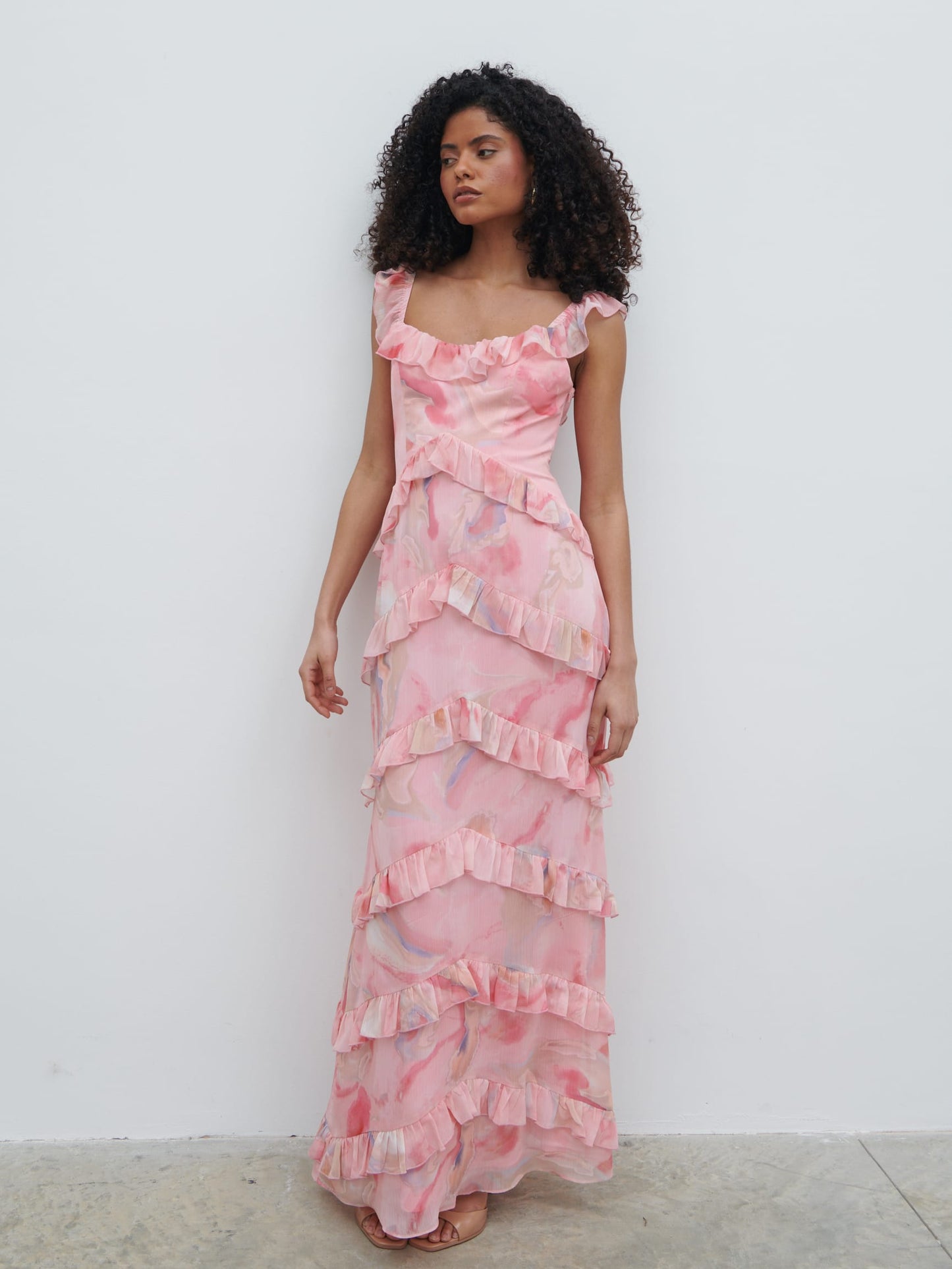 Cecile Scoop Neck Ruffle Maxi Dress - Pink Marble Ombre