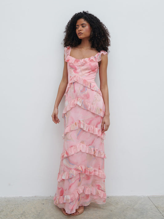 Cecile Scoop Neck Ruffle Maxi Dress - Pink Marble Ombre