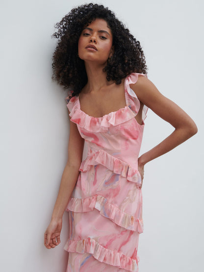Cecile Scoop Neck Ruffle Maxi Dress - Pink Marble Ombre
