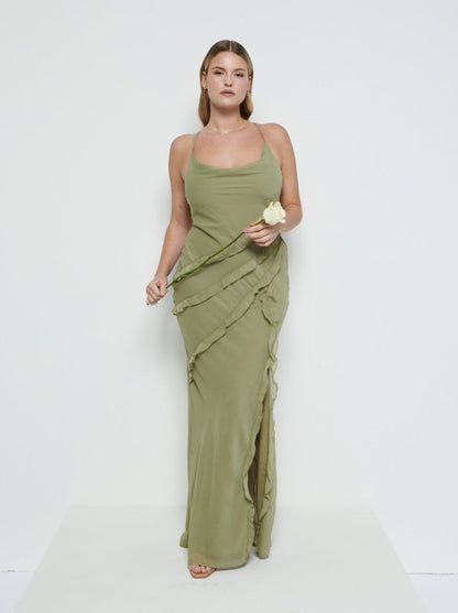 Constance Ruffle Chiffon Maxi Bridesmaid Dress - Olive