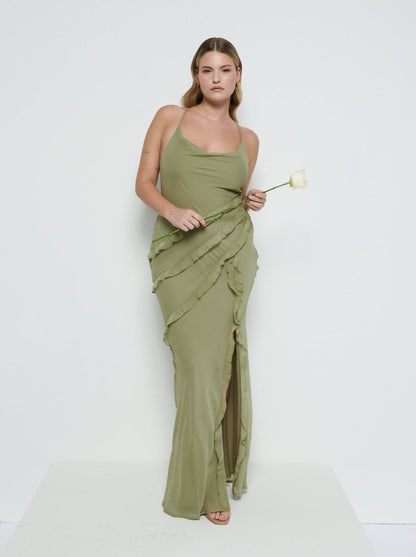 Constance Ruffle Chiffon Maxi Bridesmaid Dress - Olive