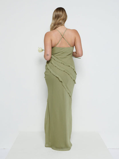 Constance Ruffle Chiffon Maxi Bridesmaid Dress - Olive