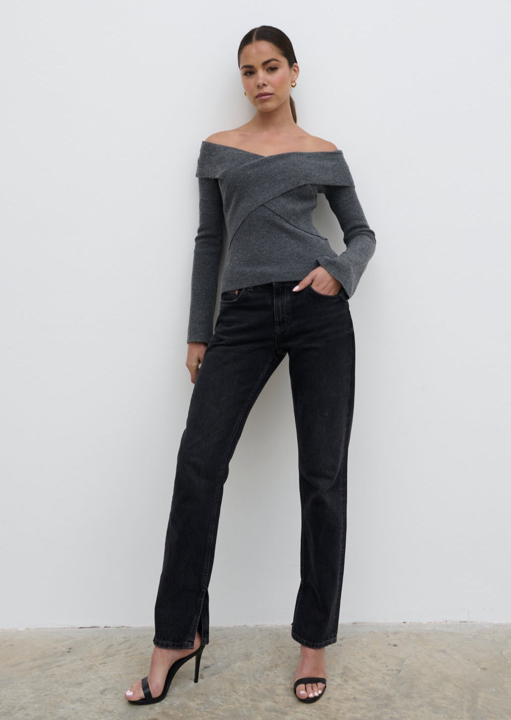 Daphne Cross Over Knit Top - Dark Grey