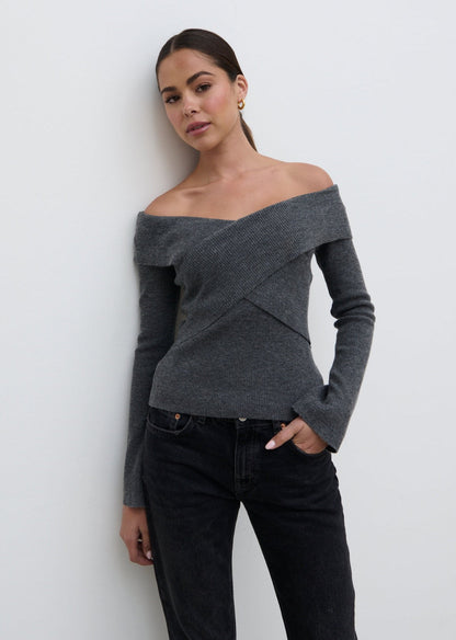 Daphne Cross Over Knit Top - Dark Grey