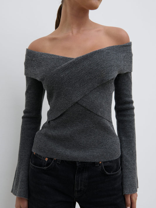 Daphne Cross Over Knit Top - Dark Grey