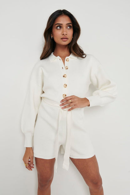 Darcie Balloon Sleeve Knit Playsuit - Cream