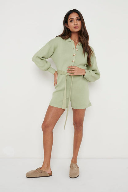 Darcie Balloon Sleeve Knit Playsuit - Olive Green