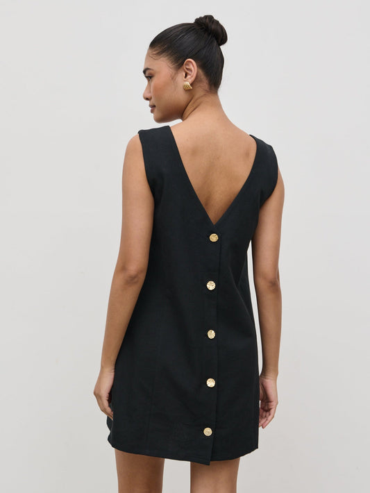 Darla Button Mini Dress - Black