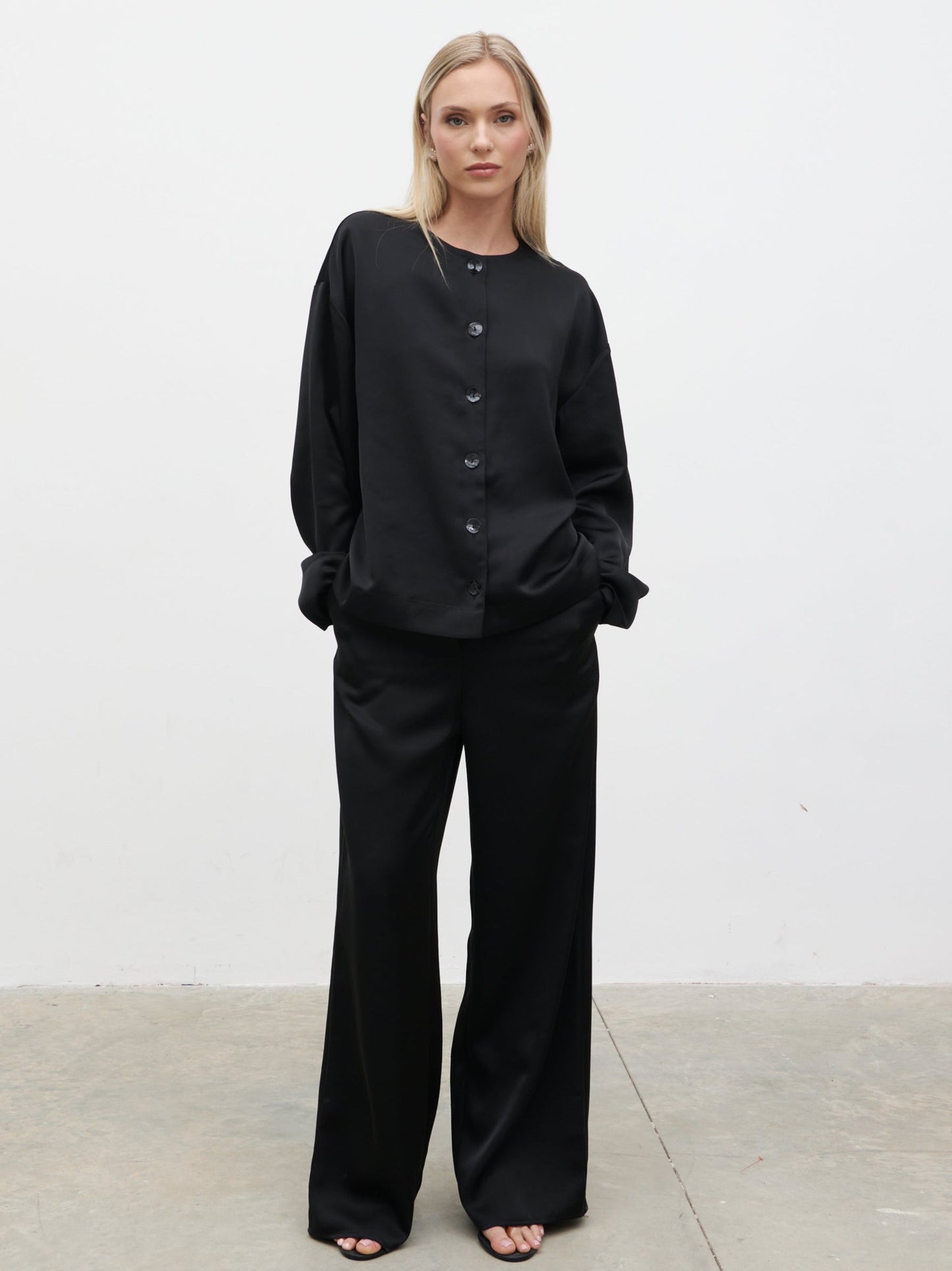 Dua Satin Button Blouse - Black