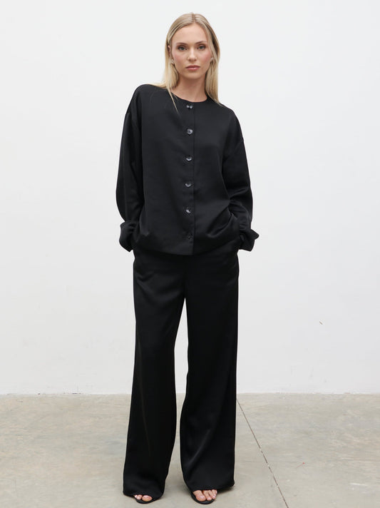 Dua Satin Button Blouse - Black