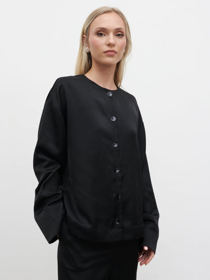 Dua Satin Button Blouse - Black