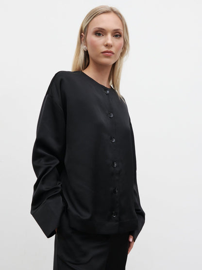Dua Satin Button Blouse - Black