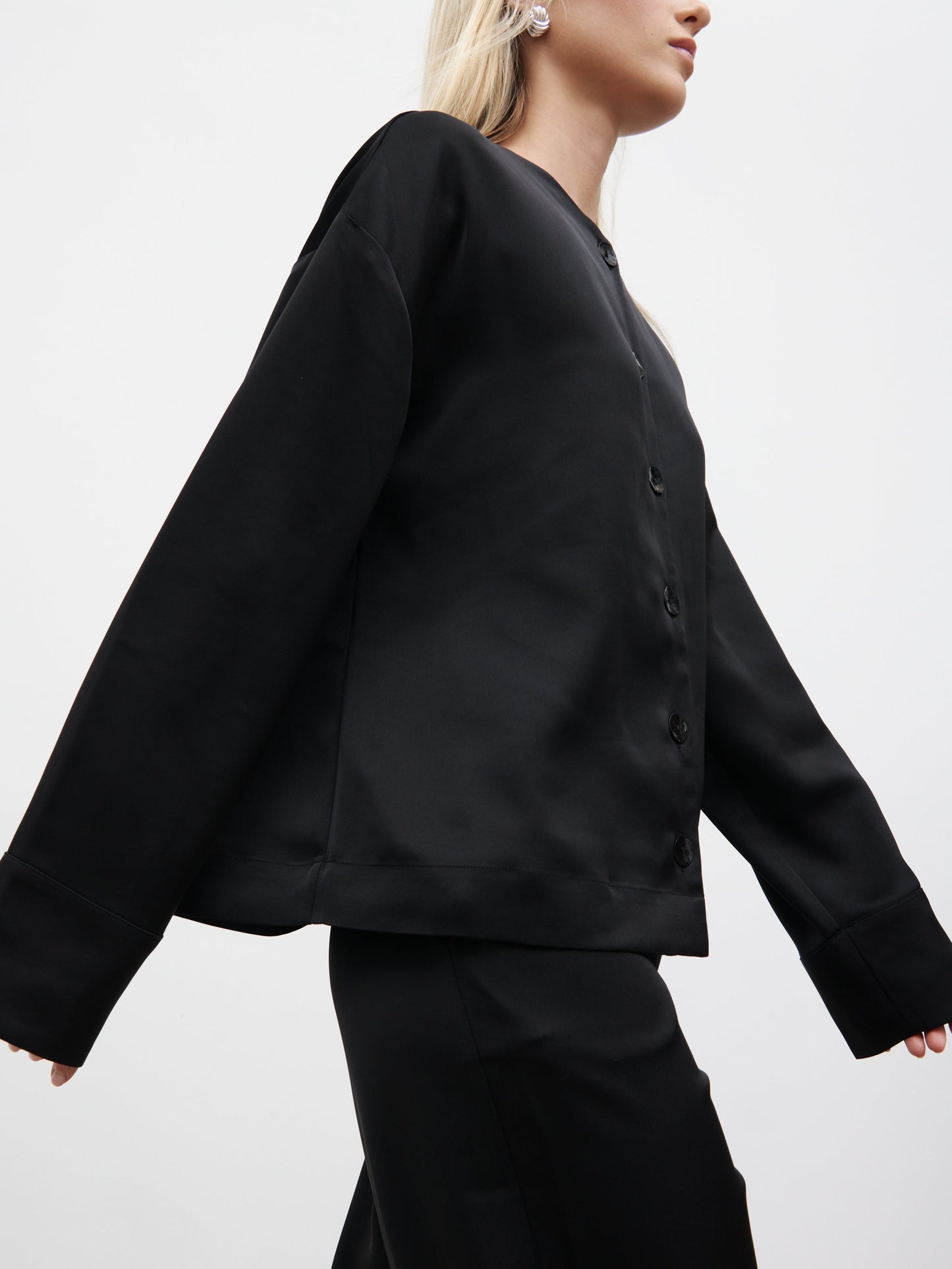 Dua Satin Button Blouse - Black