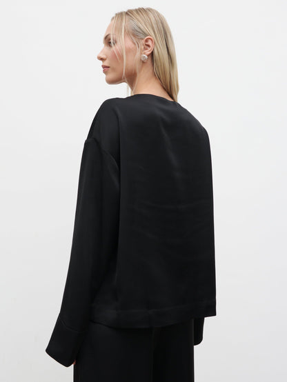 Dua Satin Button Blouse - Black