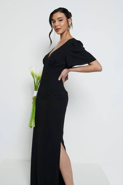 Edie Chiffon Short Sleeve Maxi Bridesmaid Dress - Black